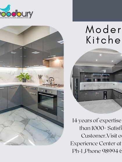 A sleek, modern kitchen in high-gloss grey. The marble-patterned floor and backsplash add a touch of luxury to this contemporary design.