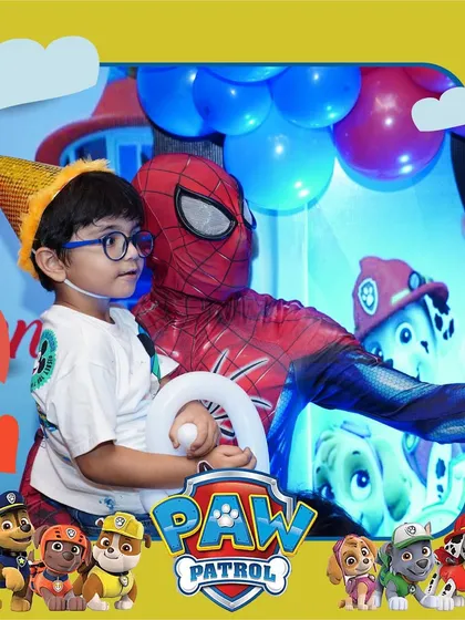 The Paw Patrol squad was on a roll for this fun birthday party. Here, the birthday boy gets a photo with a friendly Spider-Man, showing how we can even mix and match favorite characters.