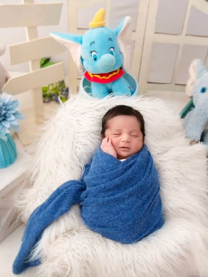 A wide shot of a newborn in a blue wrap, surrounded by adorable elephant and penguin plush toys in a light and airy setting. This demonstrates our ability to create a charming scene that complements the baby's peaceful state.