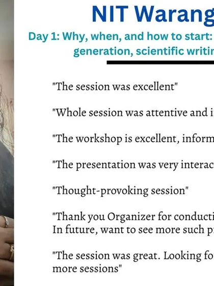 A compilation of feedback from Day 1 of the NIT Warangal FDP. Reading comments like "thought-provoking" and "excellent" makes all the preparation worthwhile.