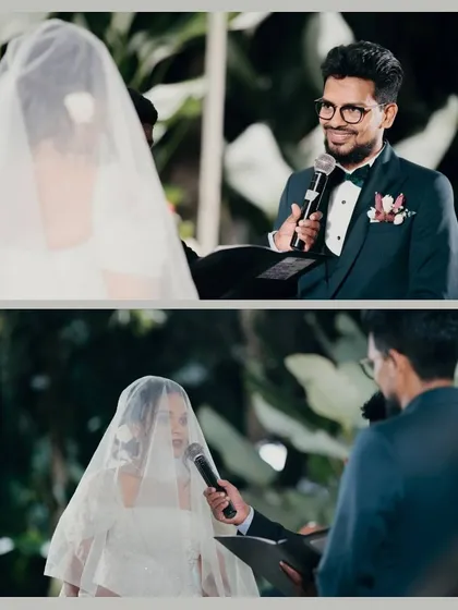 A collage capturing a couple's vows. The close-up shots of their expressions show the emotion and significance of the moment.