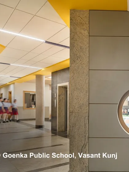 A corridor at GD Goenka Public School, illustrating our client relationships. We see clients as co-creators, and this collaborative approach has led to 70% of our clientele working with us recurrently.