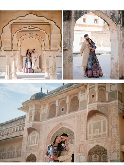 Amandip and Shine Kaur framed within the stunning architecture of Amer Fort. Their traditional outfits complement the heritage location perfectly, creating a cohesive and elegant pre-wedding album.