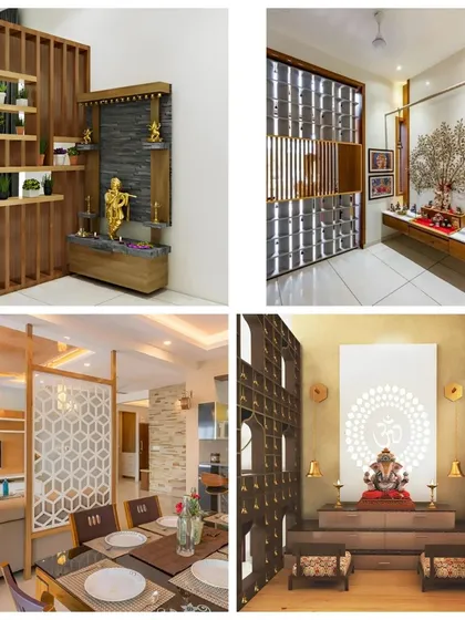 Here are some examples of how we integrate pooja spaces into the home's layout. We use partitions, corner nooks, and custom dividers to create dedicated and respectful areas for worship.