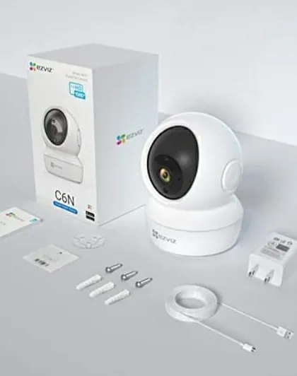 This is an example of a popular indoor camera, the EZVIZ C6N. It offers features like pan and tilt, smart tracking, and two-way audio, making it a great choice for home security or monitoring a small office.