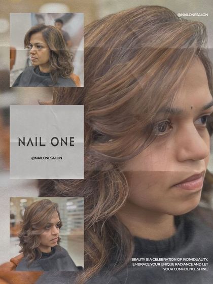 This collage showcases a client's transformation with a soft, light brown balayage. The new color brightens her complexion and adds dimension to her wavy hair.