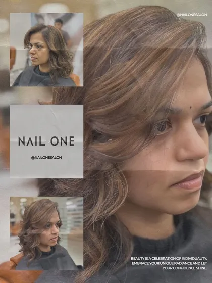 This collage showcases a client's transformation with a soft, light brown balayage. The new color brightens her complexion and adds dimension to her wavy hair.