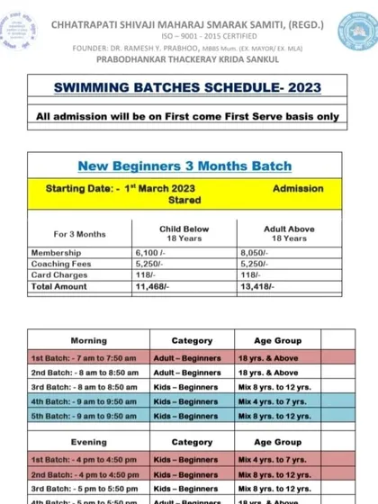 A look at our 2023 swimming batch schedule for new beginners. This document provides a breakdown of fees and timings for our 3-month courses for various age groups.