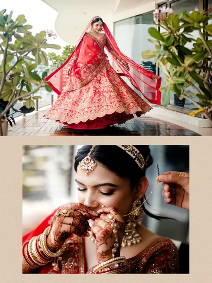 A collage showing the bride's playful twirl and a close-up of her getting her nath put on. We capture both the grand moments and the intricate details.