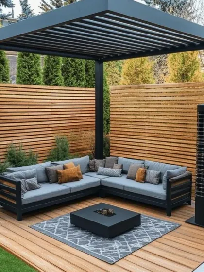 For this backyard project, we constructed a minimalist black pergola over a wooden deck to create a defined outdoor living room. The space is furnished with a large, weatherproof sectional sofa and a central fire pit table, perfect for social gatherings.