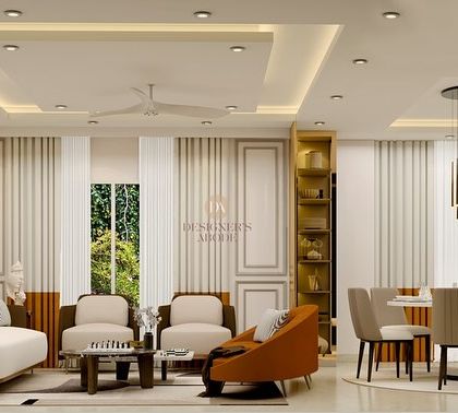 A full view of a living and dining area render, showcasing wainscoting, curated furniture, and harmonious color palettes. This visual helps clients understand how we unify different zones into one cohesive and stylish space.