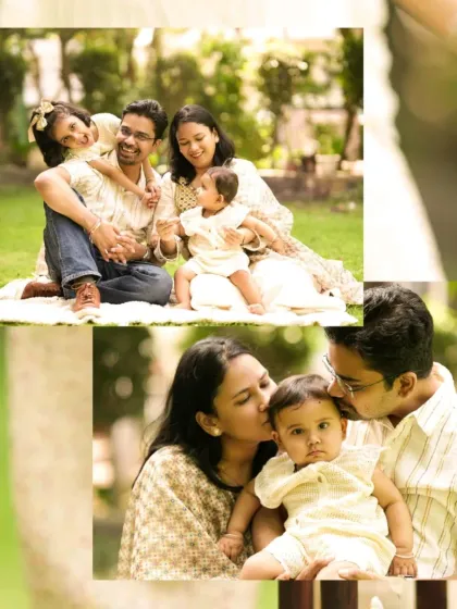 A collage showcasing a family enjoying a picnic-style photoshoot in a park. We capture both posed group shots and sweet, candid moments.