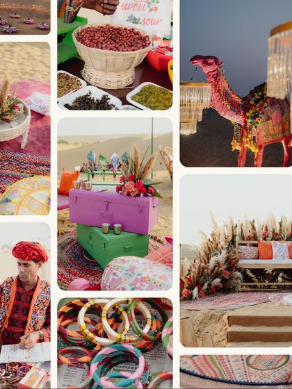 A collage of details from the desert Mehendi, showcasing local crafts, traditional snacks, and colorful decor elements. These touches created an authentic and immersive Rajasthani experience for all the guests.