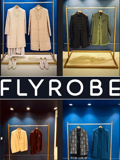A snapshot of the variety we offer. This collage shows different sections of our store, from traditional sherwanis to modern blazers and Indo-western sets.