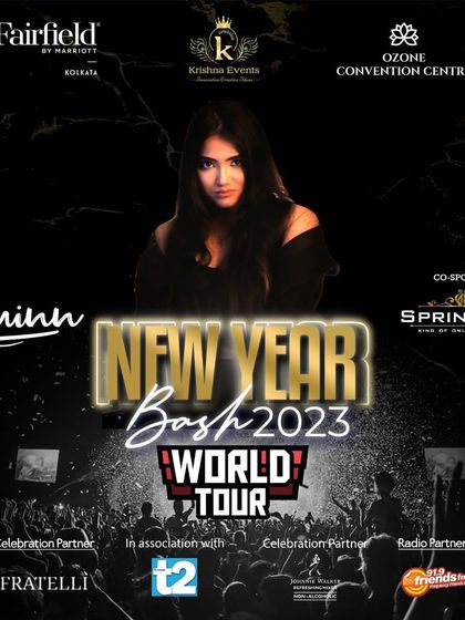 The official poster for the New Year Bash 2023 World Tour themed party at the Fairfield by Marriott in Kolkata, a premium event.