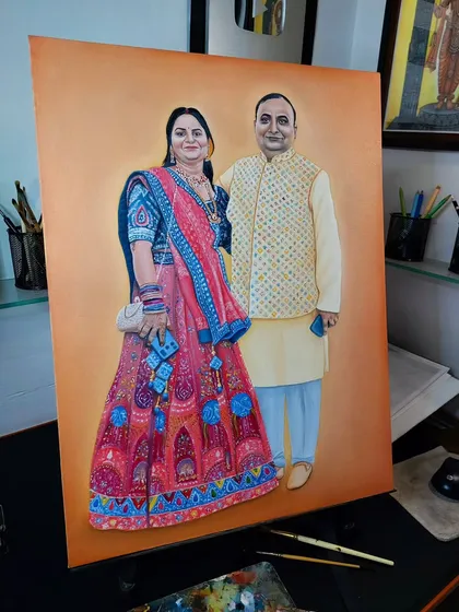 This custom oil painting of a couple was a special commission from Uttar Pradesh. I focused on capturing the rich details of their traditional attire and their happy expressions, creating a perfect anniversary gift art on a 1.5x2 feet canvas.