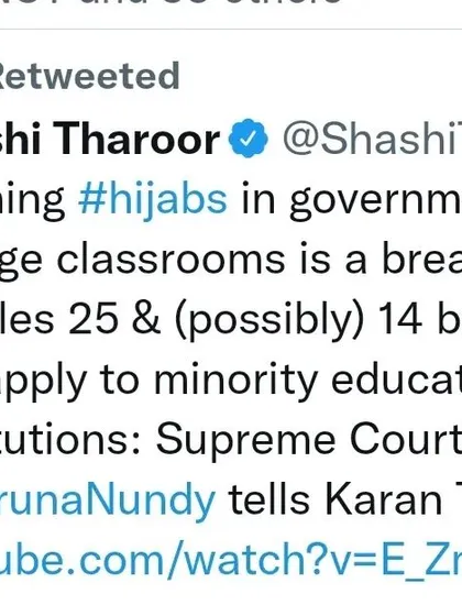 A screenshot of Shashi Tharoor quoting my legal analysis on the hijab ban. I argued that banning hijabs in government college classrooms is a breach of Articles 25 and 14 of the Constitution.