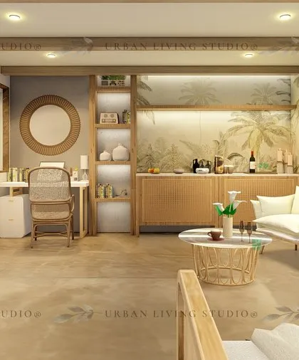 A wider view of the bohemian-themed room, showing how we integrated a study and kitchenette area using the same organic materials and color palette. This ensures the entire space feels cohesive and serene.