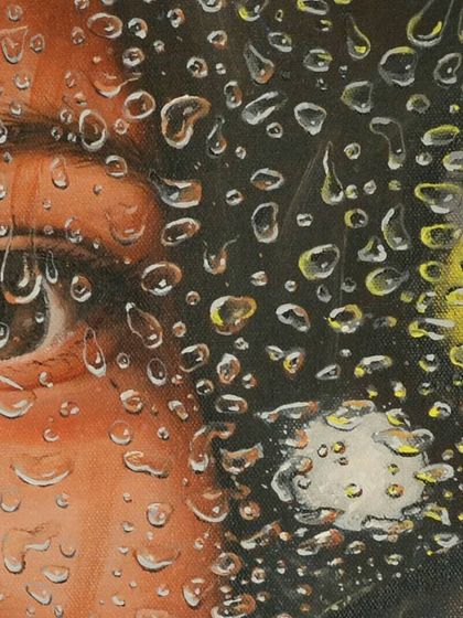 A macro view of the eye in the 'Dewdrops' portrait. The challenge here is to paint the illusion of a wet surface over the detailed portrait, making the eye appear both clear and partially obscured.