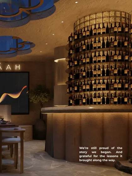 We are still proud of the story we began with Zuvaah. This view of the interior bar, with its sculptural form and dramatic lighting, is a testament to the vision and the lessons learned along the way.