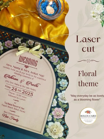 This graphic highlights the laser-cut floral theme, showing how intricate cutouts can create a beautiful frame for the wedding details.