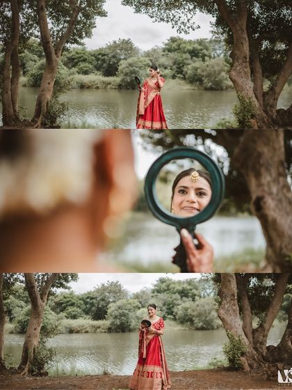 A creative collage showing the bride looking at her reflection in a handheld mirror. This series of shots tells a story of self-reflection and anticipation before she meets her groom.
