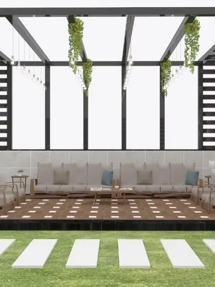 A 3D render of a large pergola designed to accommodate a spacious L-shaped sofa, perfect for large families or gatherings.