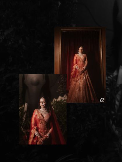 A collage of moody, artistic bridal portraits. Using shadows and focused light, we created these dramatic shots of Tanishqa that feel like they're straight out of a fashion magazine, highlighting her poise and elegance.