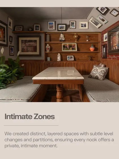 We created distinct, layered zones using subtle level changes and partitions. This ensures that every nook within Echoes offers a private, intimate moment, even within a bustling café environment.