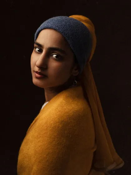 "Keep creating art." My modern homage to Vermeer's "Girl with a Pearl Earring," blending classic inspiration with a contemporary subject.