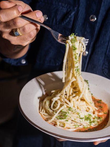 When it comes to pasta, I don’t mess around. This is my take on Vodka Pasta, with a perfect twirl of spaghetti coated in a creamy tomato sauce.
