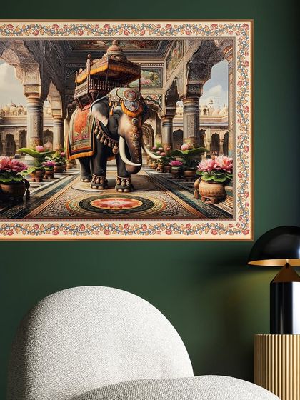 The Royal Elephant is a symbol of strength and majesty. This fabric-embossed wall painting features intricate detailing on the elephant and its surroundings, framed by a beautiful floral border.