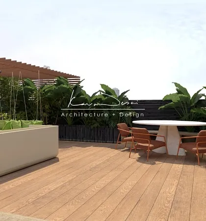 This spacious terrace features a wooden deck and a dedicated dining area, perfect for al fresco meals. The design uses planters and varied seating to create different zones within the open space.
