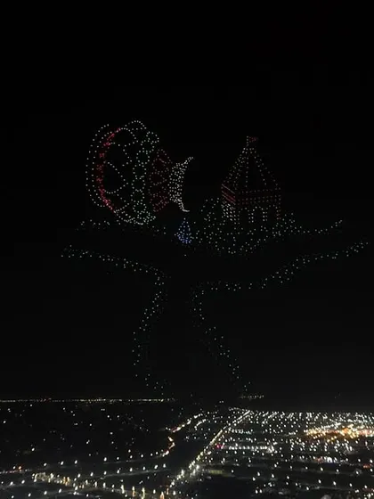 A formation showing a Sadhu offering water, a common sight at the Maha Kumbh, recreated in the sky. Our shows aim to connect with the audience by reflecting their faith and traditions.