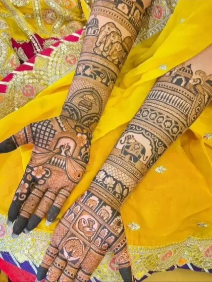 This is a classic example of a full-coverage Rajasthani bridal design. It features traditional motifs like elephants and palaces, perfect for a royal wedding theme.