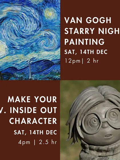 Our December workshop schedule, featuring a 'Van Gogh Starry Night Painting' session and a clay workshop to make 'Inside Out' characters.