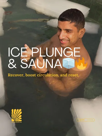A look at our Sunrise Social Club event, featuring an ice plunge and sauna for recovery. It's a full wellness party with running, animal flow, good food, and a vibrant community.