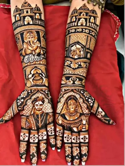 A stunningly detailed design with bride and groom portraits, a Ganesha figure, and the groom's name 'Neel' for a personal touch.