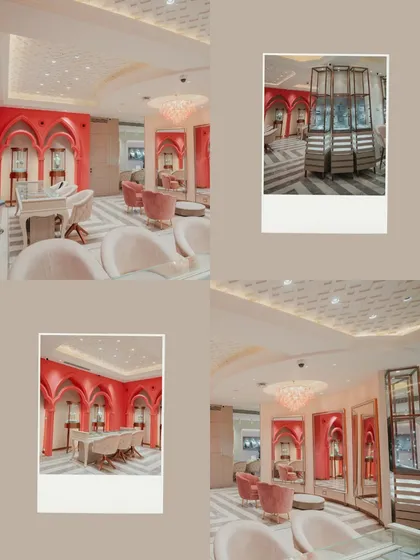 A design collage for a jewelry store, showcasing how a lively coral accent wall can energize the customer experience. This concept balances bold color with soft, luxurious furnishings and elegant display solutions.