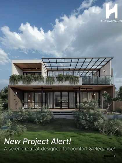 A front view of the Nandi Hills project render. The design features a two-story structure with extensive use of glass, balconies with greenery, and a large pergola, creating an elegant and modern retreat.