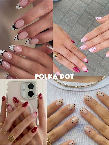 Polka dots are making a comeback in a big way. This collage shows fun and playful ways to wear them, from classic black and white to colorful combinations and even as an accent on a French manicure.