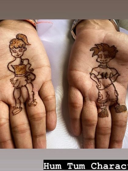 A fun, nostalgic design featuring the iconic 'Hum Tum' cartoon characters. This shows how we can bring any of your favorite themes or characters to life in henna.
