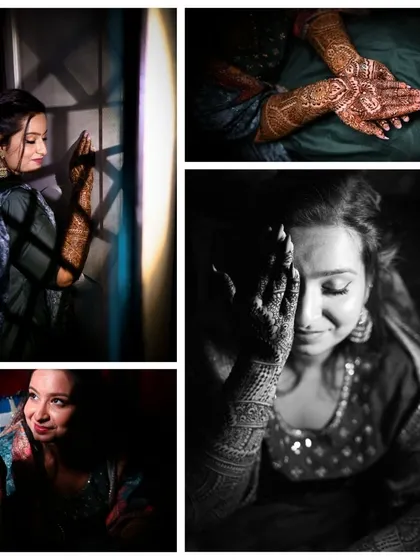 A collage of creative Mehendi portraits. I used shadows, light, and black and white to capture the bride's beauty and the artistry of her henna in a unique and dramatic way.