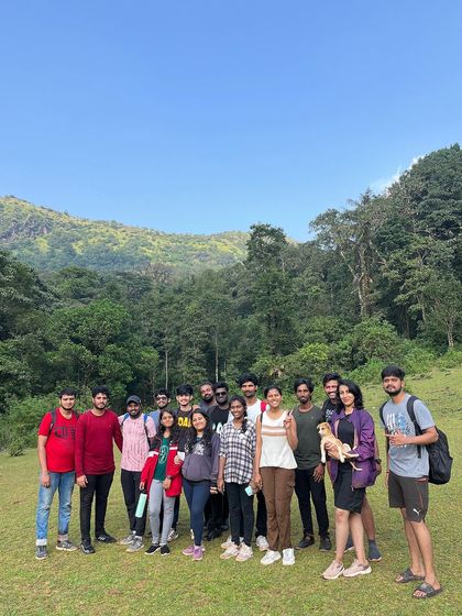 Our group at the start of the Kodachadri trek, with a furry friend joining in.