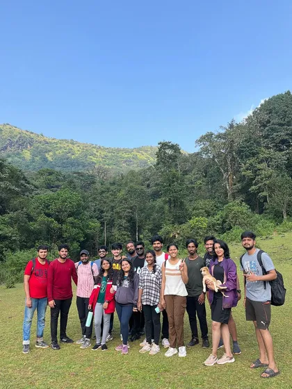 Our group at the start of the Kodachadri trek, with a furry friend joining in.