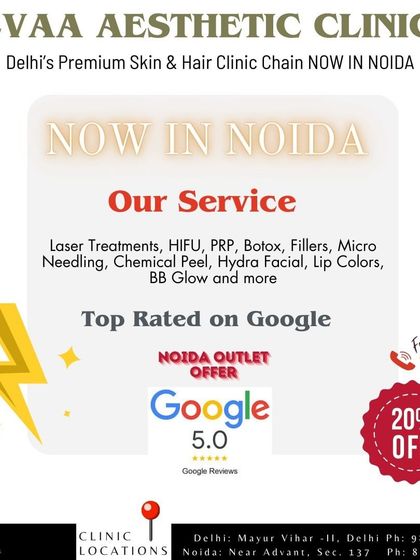 Announcing our services now in Noida. As a top-rated clinic on Google, we offer a wide range of treatments from lasers and HIFU to HydraFacials and BB Glow.