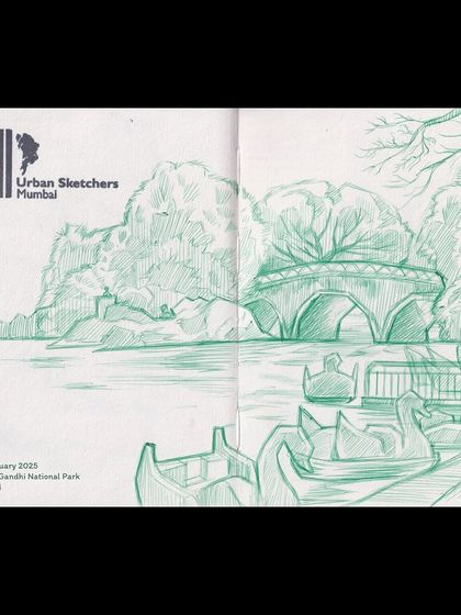 A sketchbook spread from Sanjay Gandhi National Park, drawn with a 4-in-1 ballpoint pen. This view captures the peacefulness of the lake and the swan boats.