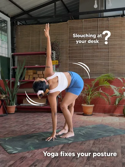 If you find yourself slouching at your desk, this is for you. Yoga is one of the most effective ways to correct posture by strengthening your core and back muscles. This image shows a Parivrtta Trikonasana (Revolved Triangle Pose) variation, which helps lengthen the spine and open the chest.