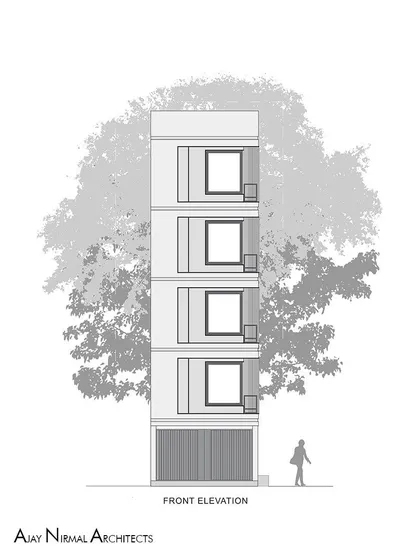The front elevation drawing for the Yellow Line Apartment. This initial drawing establishes the building's massing and the rhythmic pattern of the window openings.