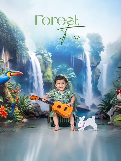 Forest fun with a musical twist. This little adventurer strums his guitar by the waterfall, surrounded by colorful birds and friendly rabbits.